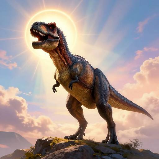 Photorealistic CGI of a roaring, sunlit, muscular T-Rex on rocky hill with blue sky, pink clouds, and radiant sunlight behind.
