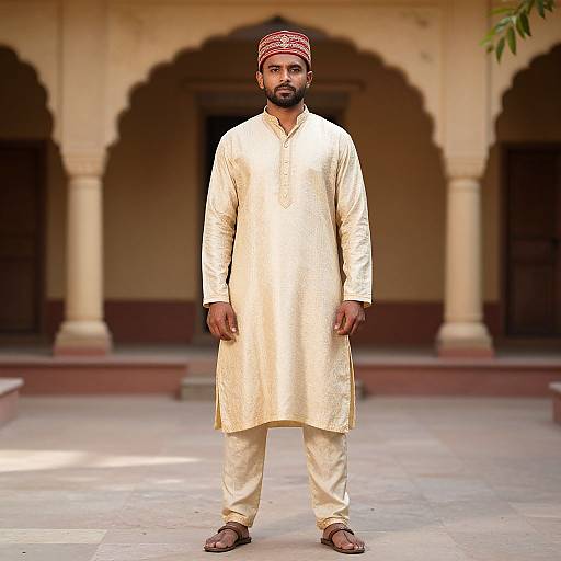 Photograph of a bearded South Asian man with medium brown skin, wearing a gold traditional kurta, cream pants, and red headband, standing