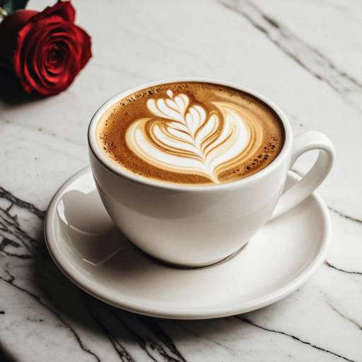 Cup of Latte with Rose on Marble Table