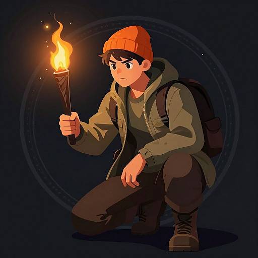Digital illustration of a young boy in a red beanie, green hoodie, and black pants, crouching and holding a burning torch against a dark