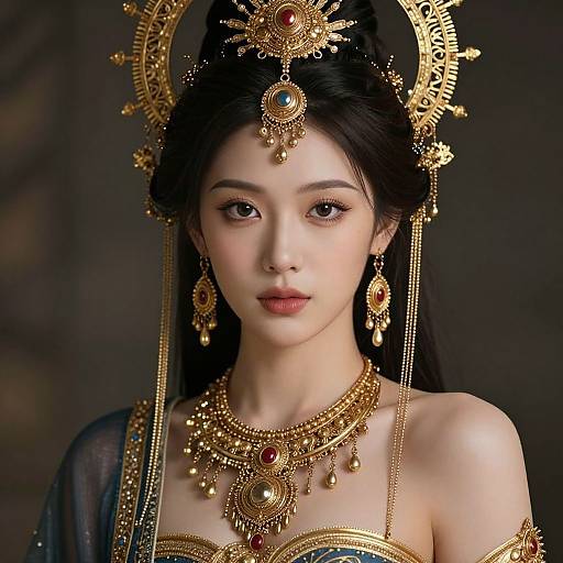 Photorealistic digital portrait of an East Asian woman with fair skin, black hair, and gold ornate jewelry, wearing a detailed headpiece and necklace