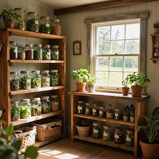 Sunlit wooden shelf room with jars of herbs, potted plants, wicker basket, and a window overlooking greenery. Cozy, rustic,