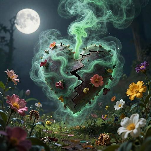 Digital artwork: A glowing, cracked heart surrounded by green smoke, adorned with flowers, floats in a moonlit, forest clearing filled with vibrant, colorful