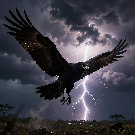 Photograph of a black eagle with outstretched wings flying against a stormy sky with bright lightning and dark clouds.