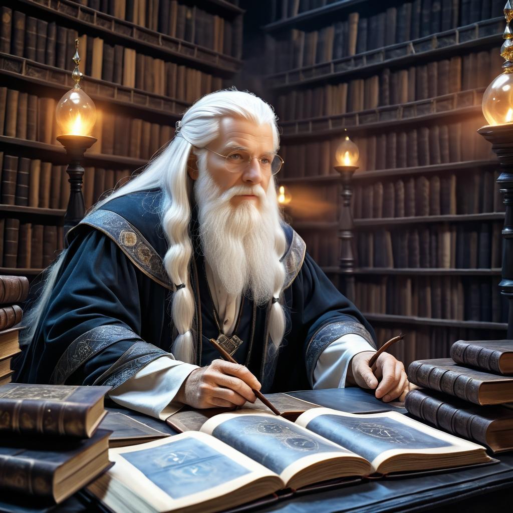 Elderly Wizard in Ancient Library