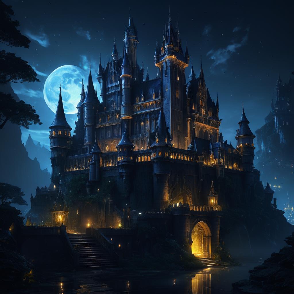 Enchanted Castle in Dark Fantasy Night