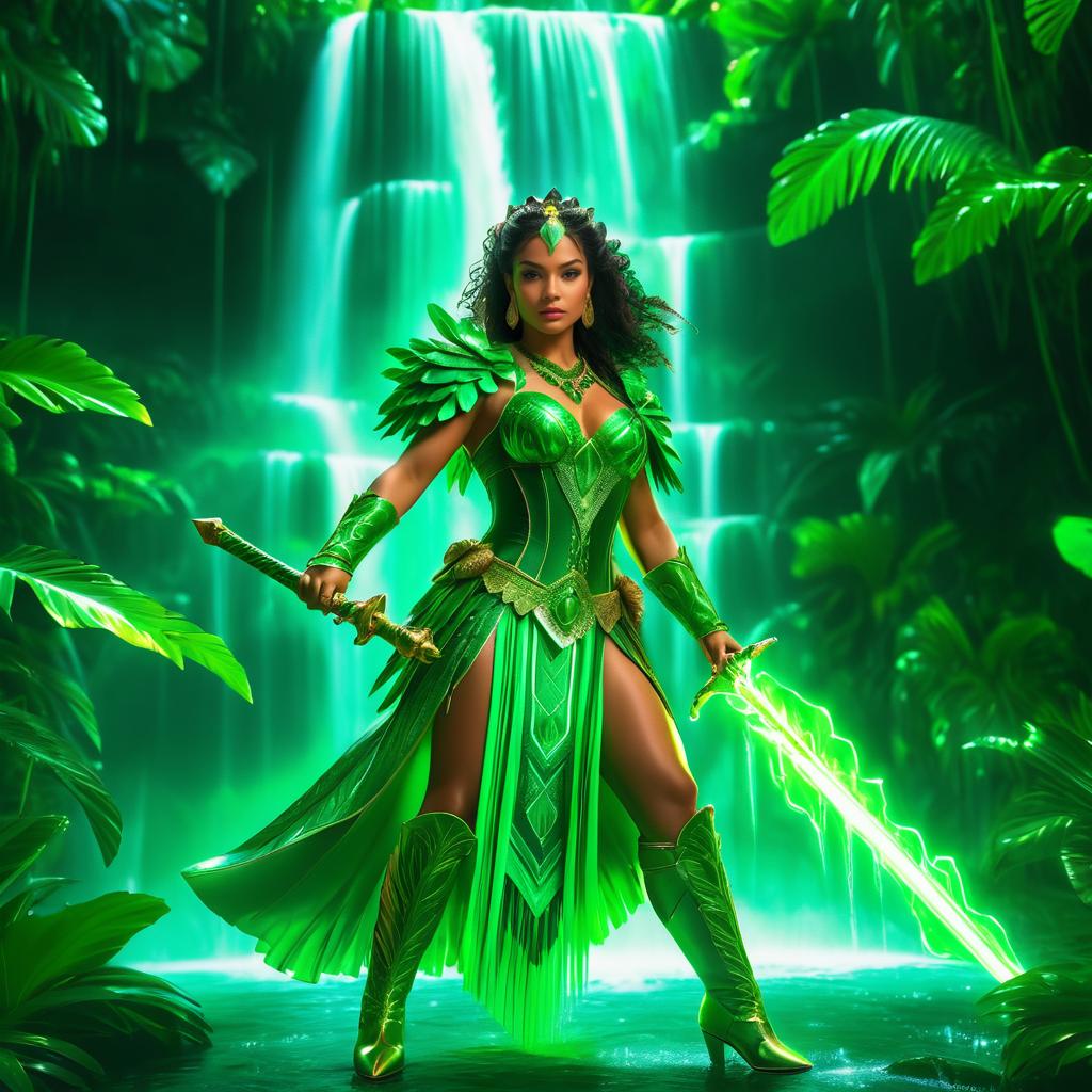 Fierce Warrior Woman in Jungle Waterfall