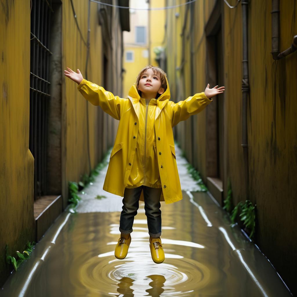 Child in Raincoat Floating in Alley