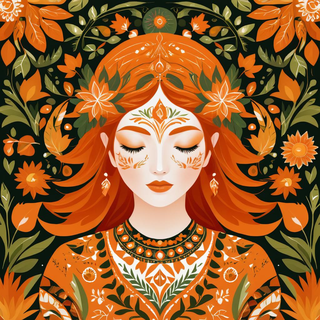 Orange-Haired Girl in Earthy Folk Art