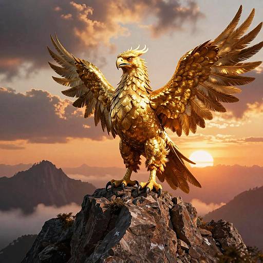 Golden eagle with outstretched wings standing on a rocky mountain peak at sunset, illuminated by warm orange and pink sky.