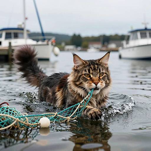 Maine Coon Cat Retrieving Fishing Nets