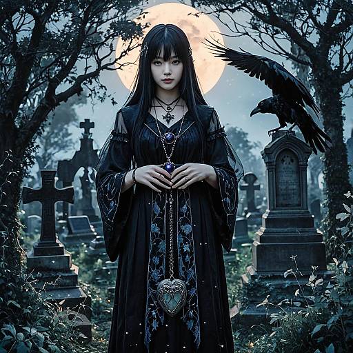 Gothic Anime Woman with Raven in Moonlit Graveyard