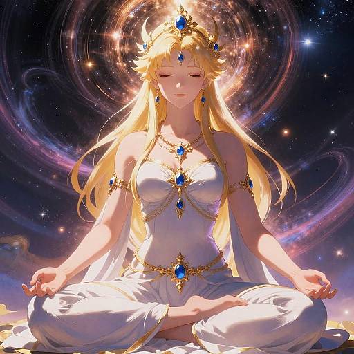 Digital anime-style drawing of a serene blonde queen with long hair, blue gemstone jewelry, and white dress, meditating in a cosmic background with swirl