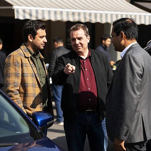 Three Men by Blue Car in City