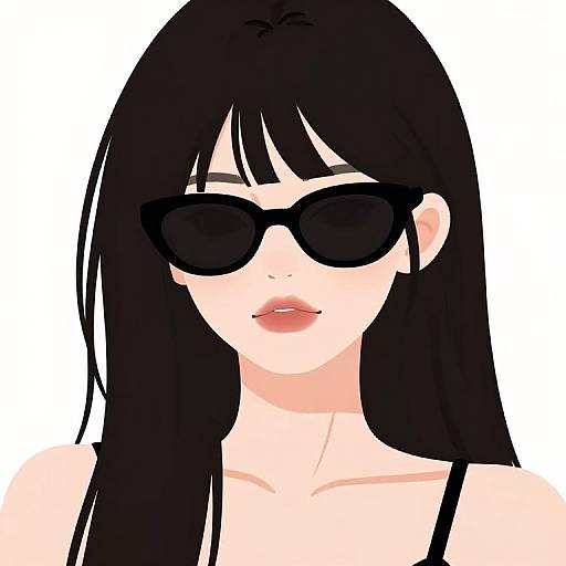 Digital anime-style portrait of a pale-skinned woman with long black hair, wearing black sunglasses and a black strap top.