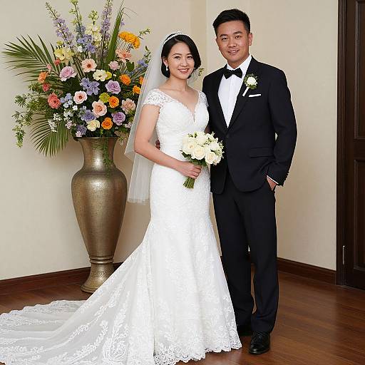 Photograph of an Asian bride in a white lace gown and veil, holding a bouquet, standing beside a groom in a black tuxedo, in