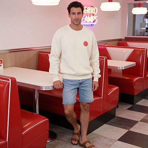 Photograph of a man with short curly hair, wearing a white sweatshirt, blue denim shorts, and brown sandals, standing in a retro red-and