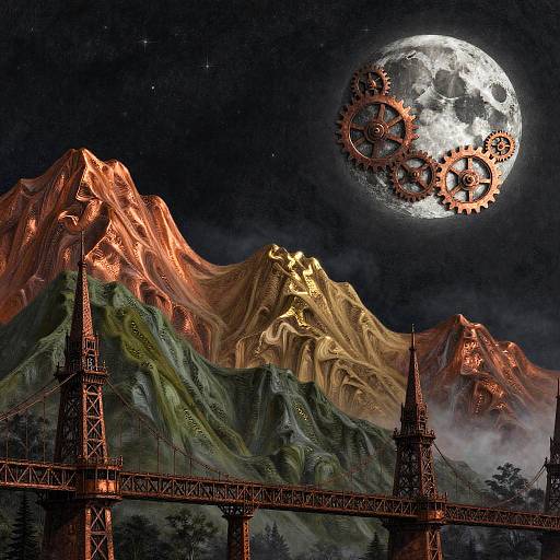 Digital art: Moon with giant gears, illuminated mountains, red-tinged peaks, dark sky, iron bridge, and two spires in the foreground
