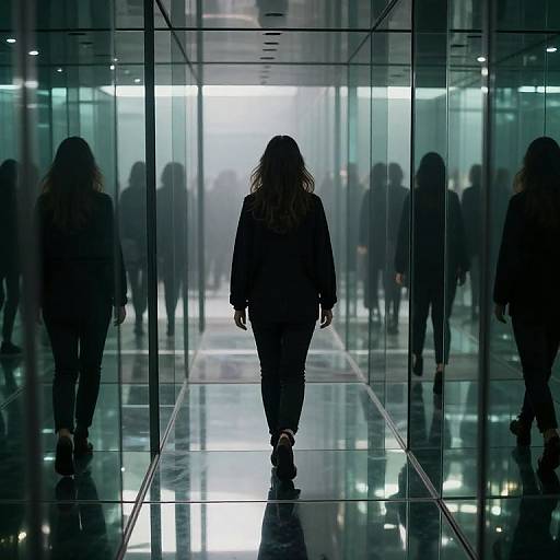 Silhouette of person with long hair walking down a reflective, glass-walled corridor, surrounded by blurred reflections of others. Modern, urban setting.