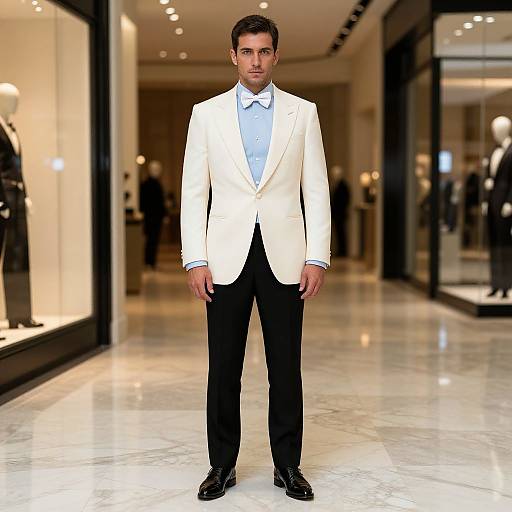 Photograph of a young, handsome man with short dark hair, wearing a white blazer, light blue shirt, black bow tie, black pants,