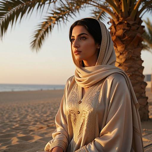 Middle Eastern Woman in Embroidered Dress at Sunset Beach