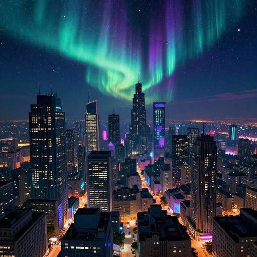 Photograph of a vibrant city skyline at night with colorful aurora borealis above, illuminated buildings, and glowing streetlights below.