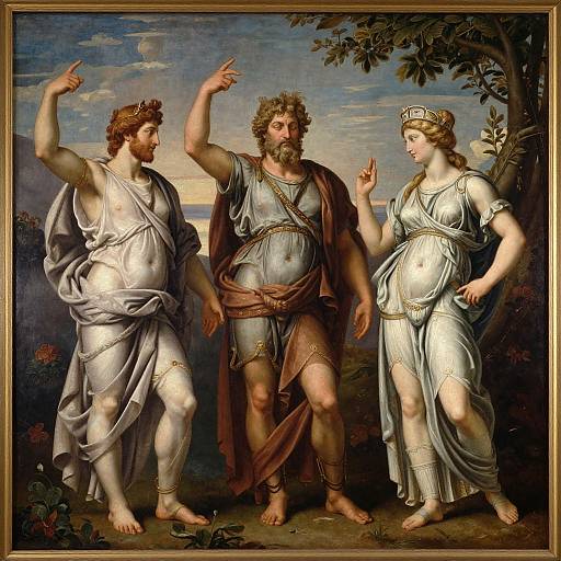 Renaissance painting of three classical figures: two women in flowing white robes, one with a crown, and a bearded man in armor, gest