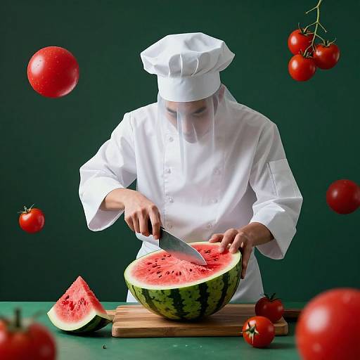 Photograph of a chef in a white uniform and hat, slicing a watermelon, surrounded by floating and whole red tomatoes.