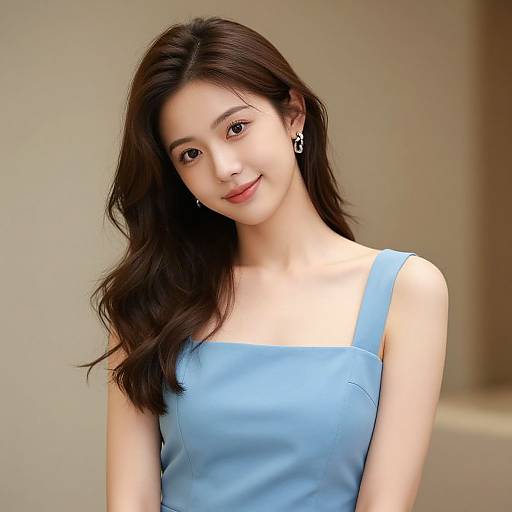 Photograph of a young Asian woman with long, wavy black hair, light skin, and a gentle smile, wearing a light blue sleeveless dress