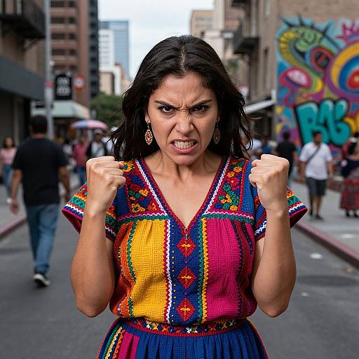 Photograph of a fierce, dark-haired Latina woman in a colorful, embroidered dress, clenched fists, angry expression, urban street background.