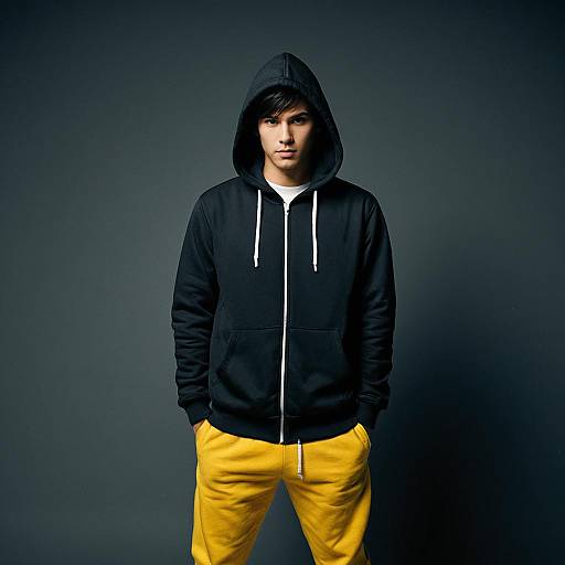 Young man in hooded jacket and yellow pants