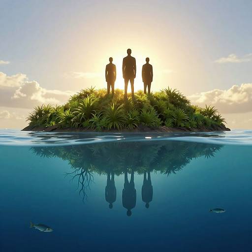 Silhouetted Figures on Verdant Islet