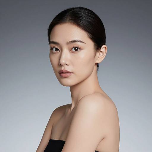 Photograph of an Asian woman with fair skin, black hair in a sleek bun, wearing a strapless black top, looking directly at the camera against