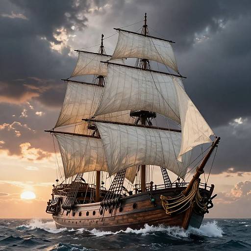 Photograph of a majestic wooden sailing ship with billowing white sails, navigating rough seas under a dramatic, cloudy sunset sky.