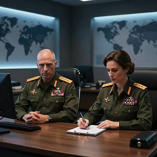 Photograph of a serious military man and woman in green uniforms with medals, seated at a desk, in a dimly lit office with world maps on