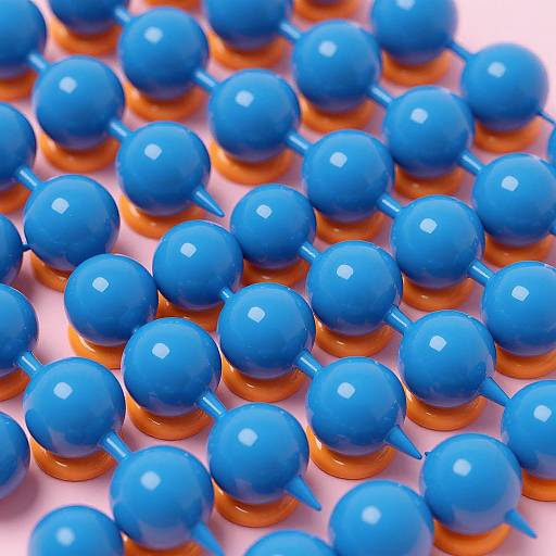 Close-up photograph of shiny, blue, spherical, orange-tipped objects arranged in neat rows, creating a vibrant, repetitive pattern with a glossy texture.