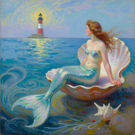 Digital painting of a mermaid with long brown hair, shimmering blue-green tail, seated on a large seashell, gazing at a distant