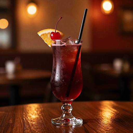 Photograph of a dark red cocktail with ice, orange slice, cherry, and black straw, on a wooden table, in a dimly lit bar