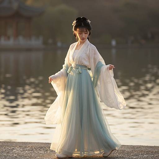 Photograph of an Asian woman in traditional white and blue hanbok, standing by a serene lake at sunset, with soft sunlight highlighting her flowing attire