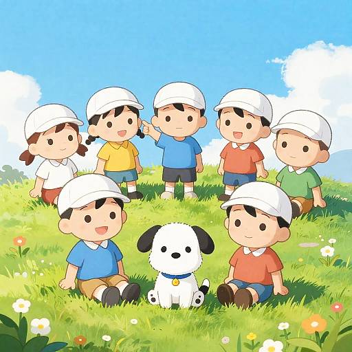 Playful Cartoon of Children and Dog