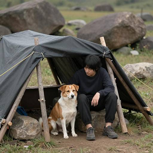 Person and Dog by Makeshift Shelter