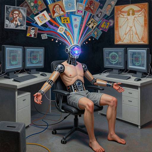 Digital art of a shirtless, robotic human with cybernetic arms and head, sitting in a computer-filled room, surrounded by floating art and a