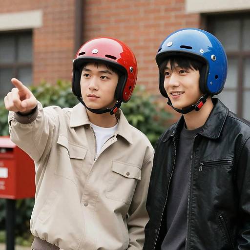 Dynamic Duo in Vibrant Helmets