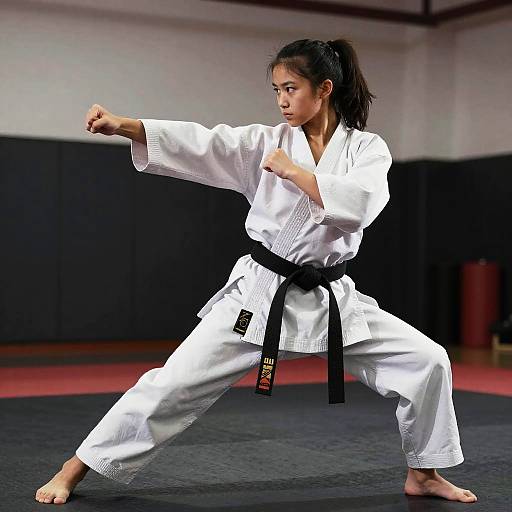 Photograph of an Asian woman with black hair in a ponytail, wearing a white karate gi and black belt, executing a dynamic stance in a