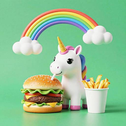 Smiling Unicorn Enjoying Burger and Fries