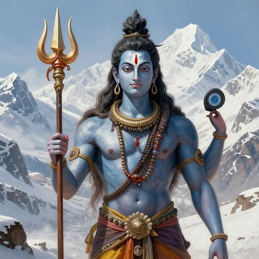 Digital art of blue-skinned Shiva with black hair, red dot, gold trident, and necklace, standing in snowy mountain backdrop.