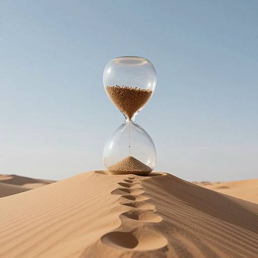 Photograph of an hourglass with sand flowing, standing on a sunlit, rippled sand dune under a clear blue sky.