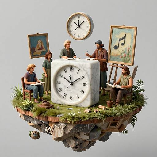Digital artwork of six people on a floating grassy island with a clock, paintings, and plants, discussing art around a marble clock.