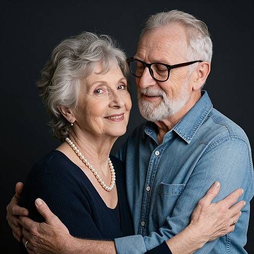 Photograph of an elderly couple with gray hair and beards, smiling warmly; woman in black top, pearl necklace, man in denim shirt, black