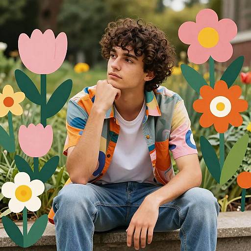 Thoughtful young man in colorful floral garden